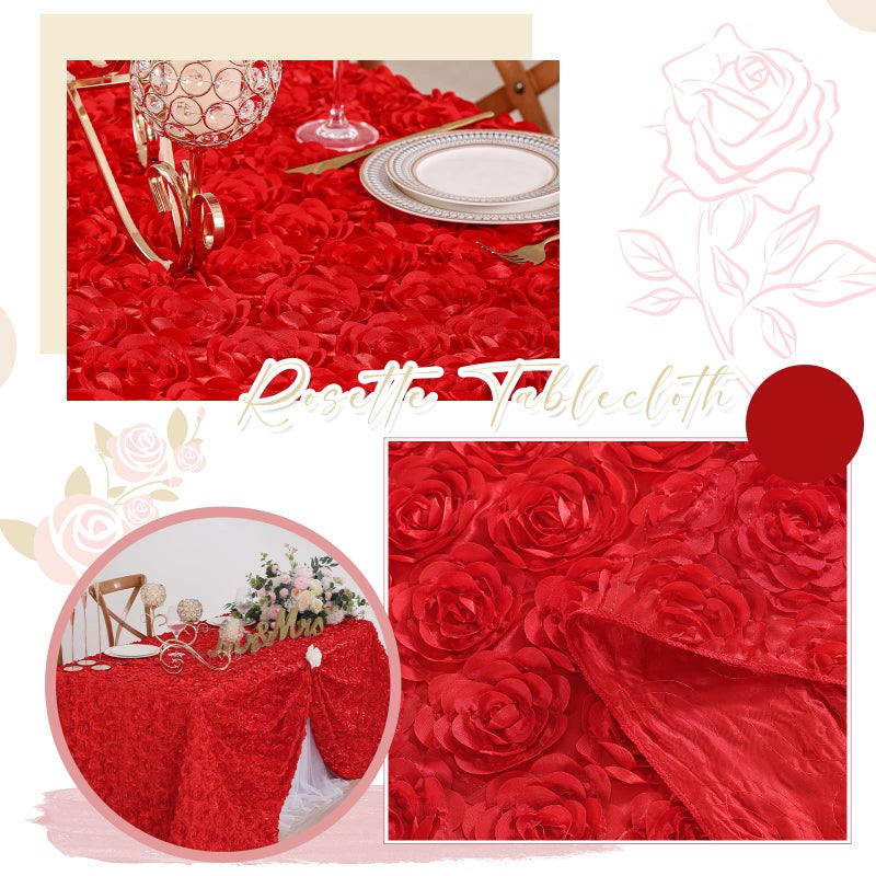 FanQiSi Red Flower Tablecloth 50x80 Inches Rosette Tablecloth Elegant Floral Satin Table Cover for Wedding Birthday Party Decorations - Image 3